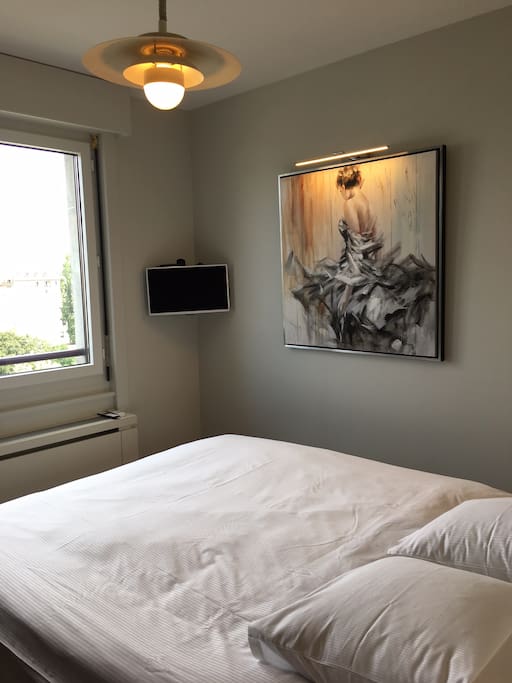 bedroom with a big bed (can be turned into 2 single beds upon request), AC, Shower and washbasin en suite