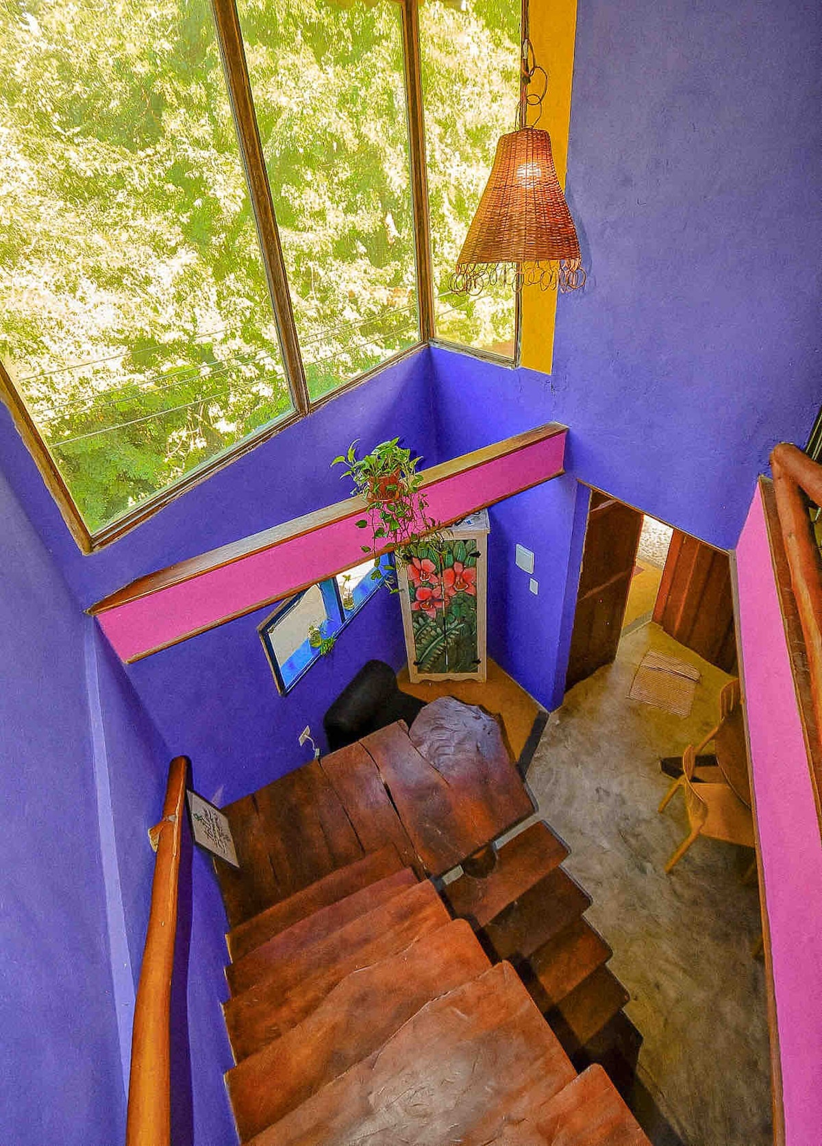 A vibrant staircase, crafted from wood, leads upward, surrounded by colorful walls in shades of purple and yellow. Large windows allow natural light to flood the space, illuminating the greenery visible outside. A decorative plant adds a touch of nature to the interior.