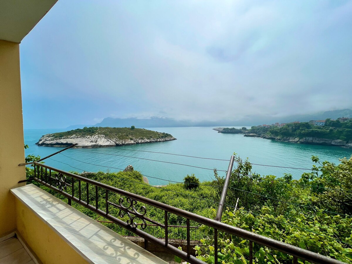 A waterfront view is presented from the balcony, showcasing calm waters and a distant island. Lush greenery frames the scene, while a railing adds safety and structure to the outdoor space.