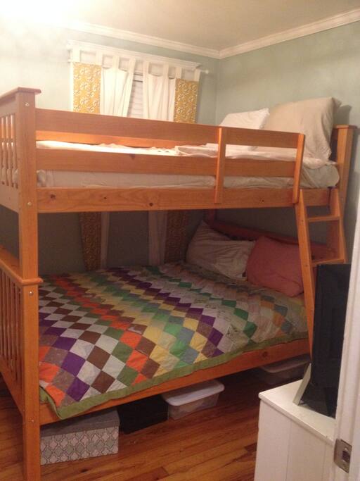 Full over full bunk beds in the guestroom.