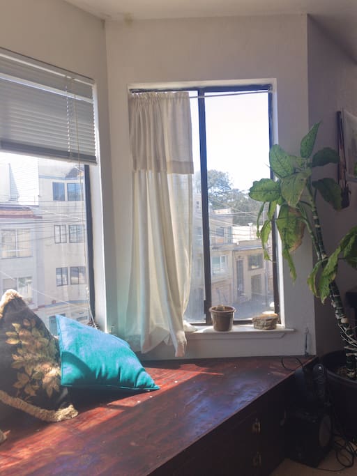 Sunlit lounge space.