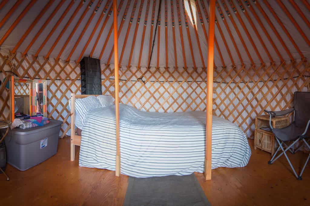 Inside, you'll find a double bed, lights, chairs and a heater.