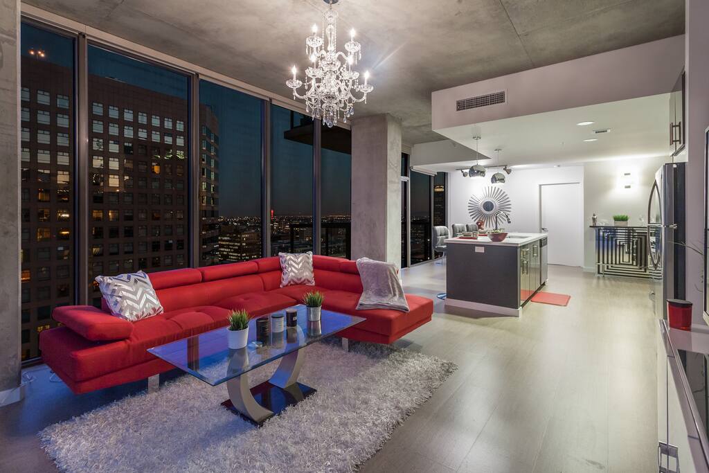 Living room with floor to ceiling windows