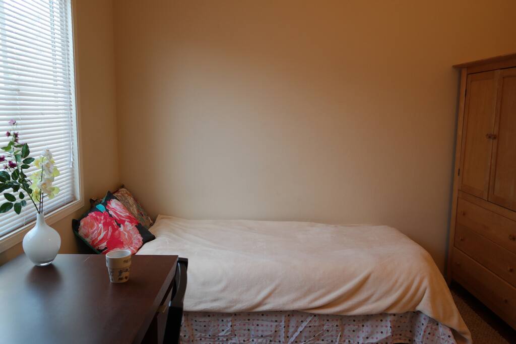 The room has a closet and a dresser.