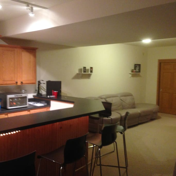 couch and bar area for relaxing and watching tv