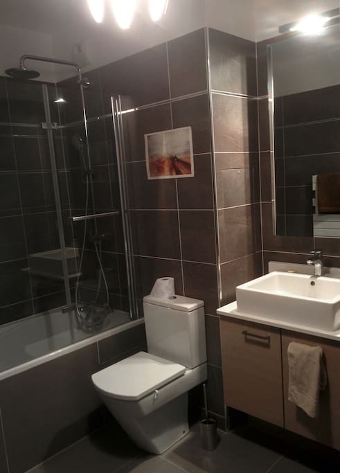 Grande salle de bain avec baignoire