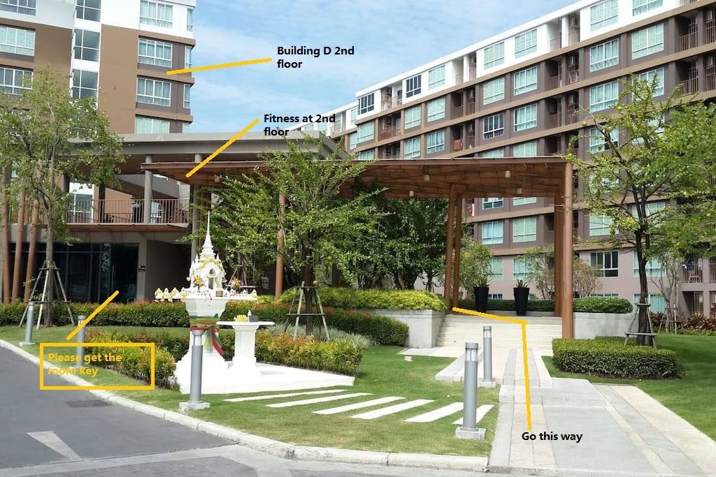 Entrance to take the room key at Office Condominium. Go ahead turn left. Please Tell room number.