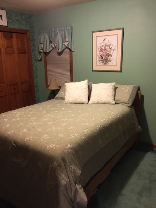 Green room on main floor of home. New mattress double bed. Bathroom attaches but is shared. All doors have locks for privacy. Room has small monitor for lap top hookup.