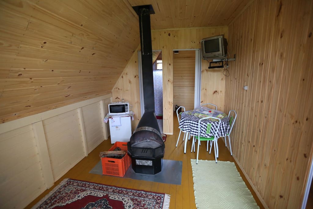 Sala com lareira, frigobar, microondas, televisão.