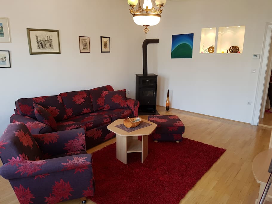 Living room with a fireplace (glass door so one can look at the fire, and an oven for those chestnuts or cakes :)