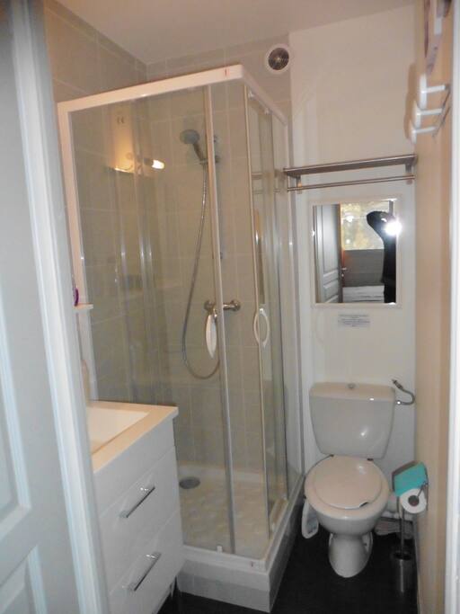 Salle d'eau+WC refait à neuf. Meuble sous vasque avec rangement Sèche cheveux