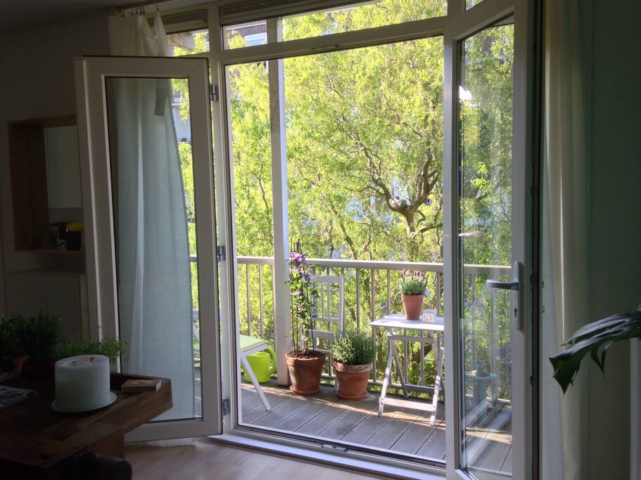 View from the kitchen to the 10 meter long balcony facing to the back of the apartment