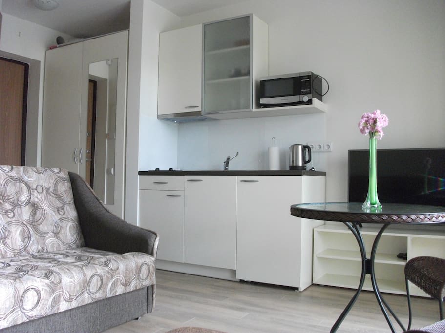 Full kitchen facilities with integrated fridge and dishes