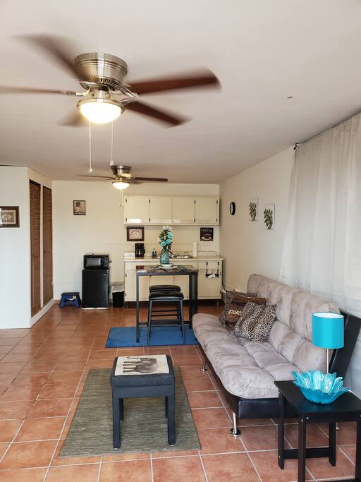 The livingroom, dining and kitchen area.