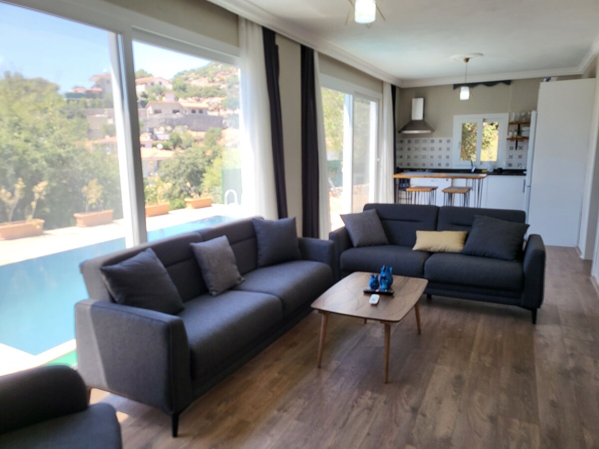 A spacious living area is furnished with two dark gray sofas facing a wooden coffee table. Large windows allow natural light to fill the space and provide a view of the outdoor pool area. A modern kitchen can be seen in the background.