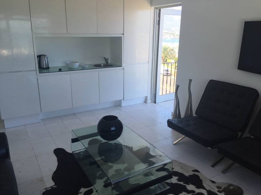Kitchenette with build in Fridge, Freezer and Dish washer. A Microwave, Kettle and Toaster