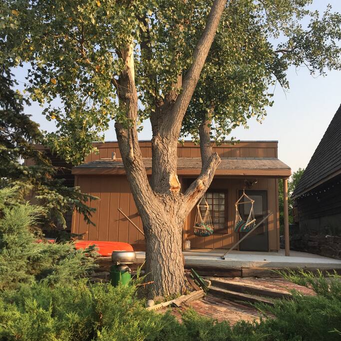 The studio apartment sits next to a cabin.
