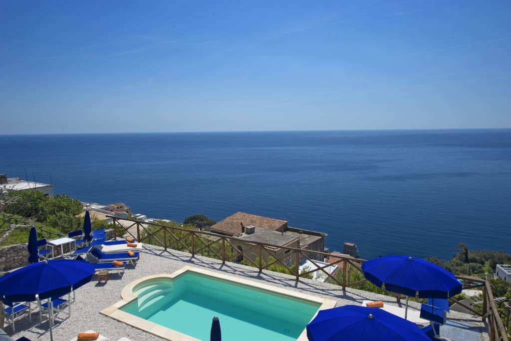 Shared Pool with magical View over the Sea, Positano, Capri and Li Galli Island. The pool is shared with nearby B&B The Mill in Praiano