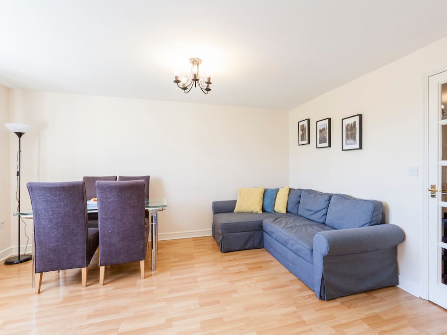 The spacious living room and dining area.