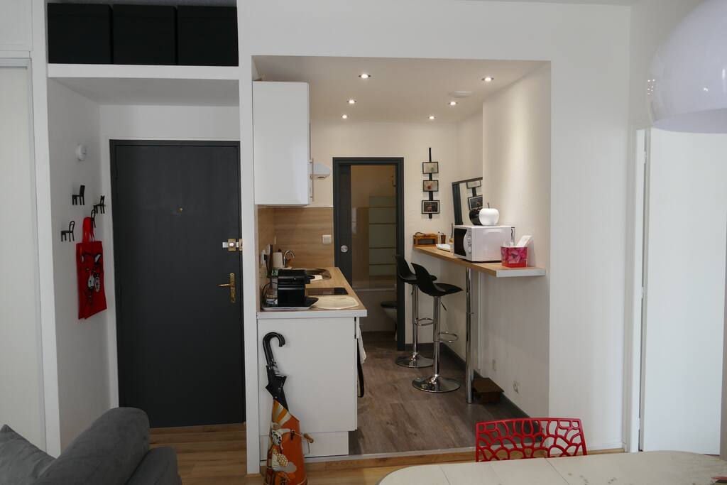 A côté de l'entrée de l'appartement, la cuisine, au fond la salle de bain