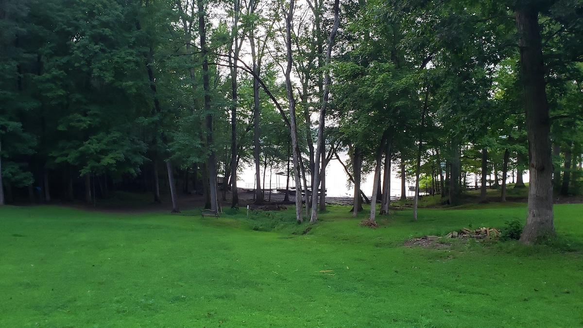 A lush green lawn extends towards the waterfront, framed by tall trees. The calm lake is visible in the background, partially obscured by the trees. The area offers a natural setting with ample space for outdoor activities.