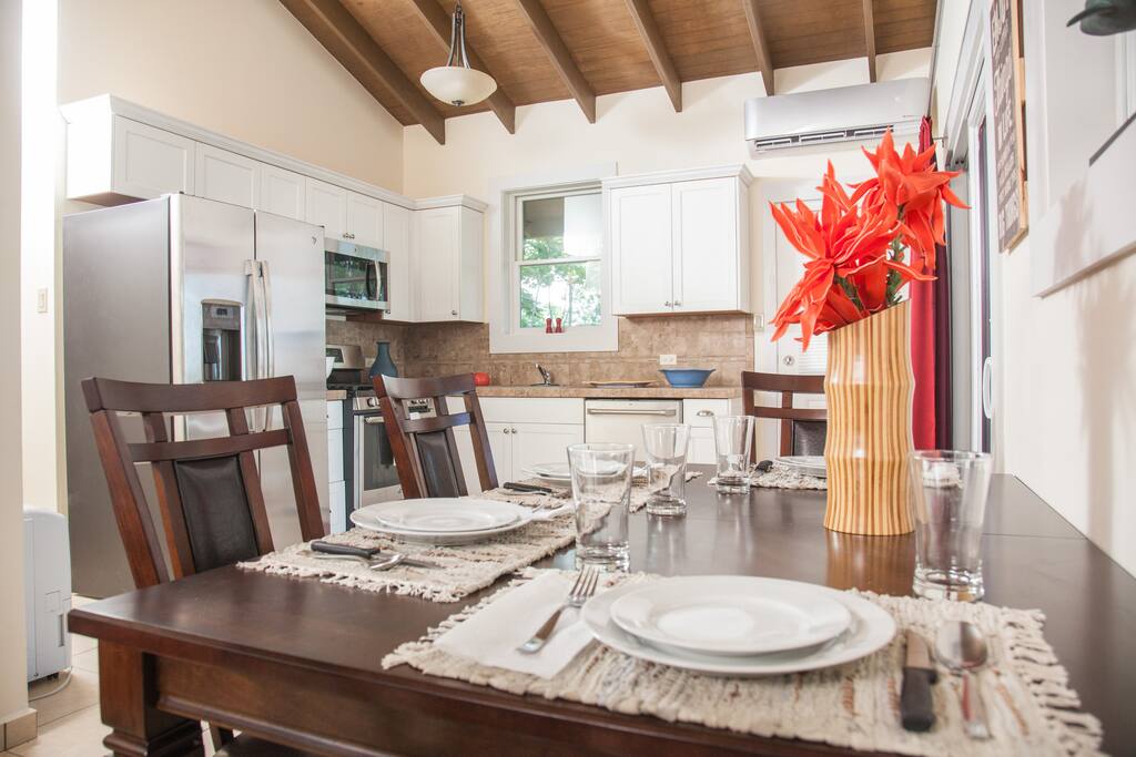 Dining area looking into kitchen.