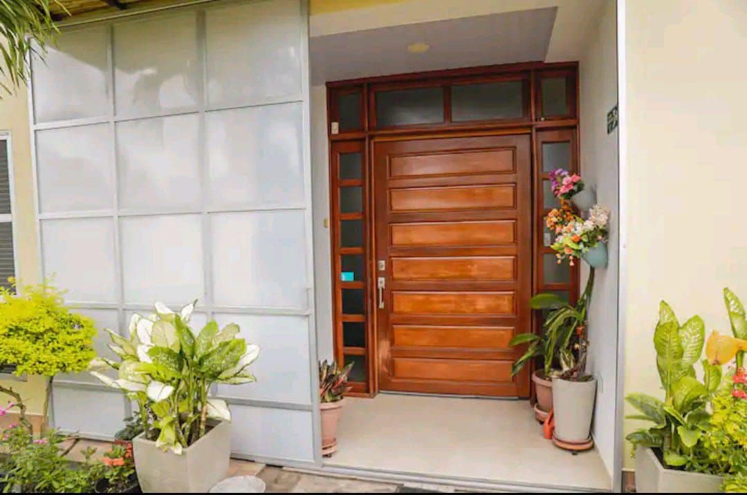 A modern entrance features a large wooden door set within a neutral-colored wall. Potted plants are arranged on either side, adding greenery. Natural light brightens the entryway, highlighting the sleek design and inviting atmosphere.