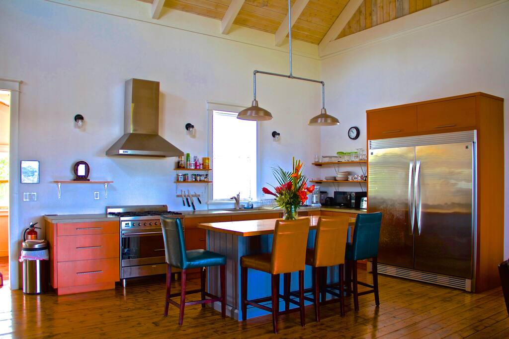 Open plan Chef's kitchen with professional 5 burner gas range and commercial size fridge/freezer