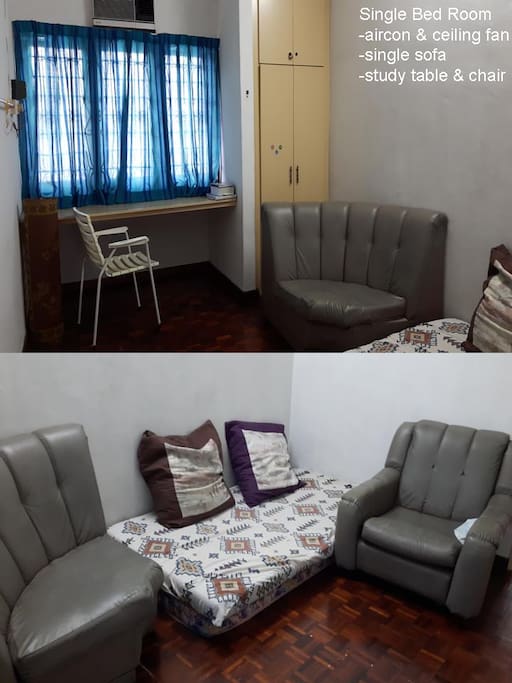 Single Bed Room with sofa, air-con, study table, ceiling fan
