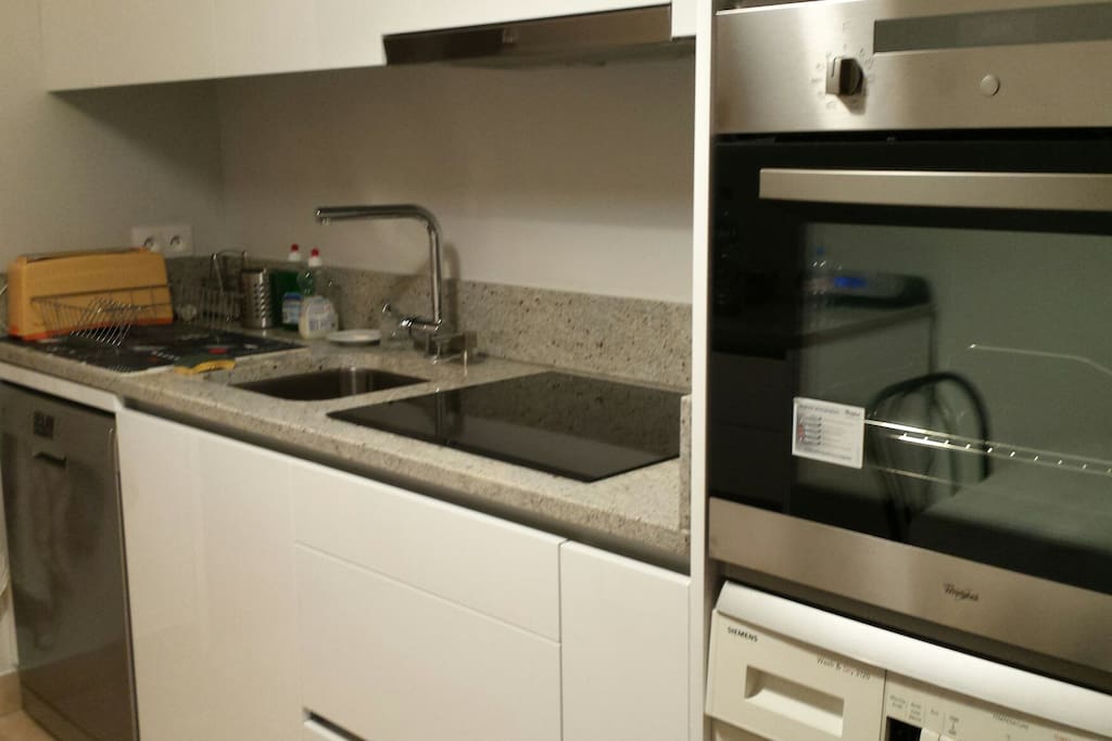 Cuisine équipée frigo, four, micro onde, lave vaisselle, plaques induction. ..