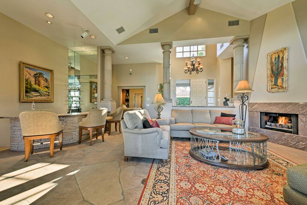 This home boasts 3 gas fireplaces, 3 flat-screen Apple TVs, and a private pool.