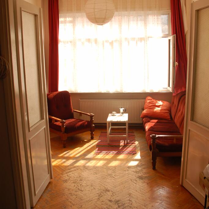 entrane to the salon with sleeping couch and full south sun