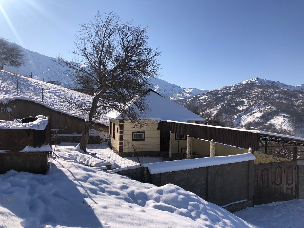 A cozy Dacha sits amidst a blanket of snow, framed by majestic mountains. The wooden structure is partially covered by snow, with a prominent tree beside it. The landscape features untouched snowfields, creating a serene winter setting.