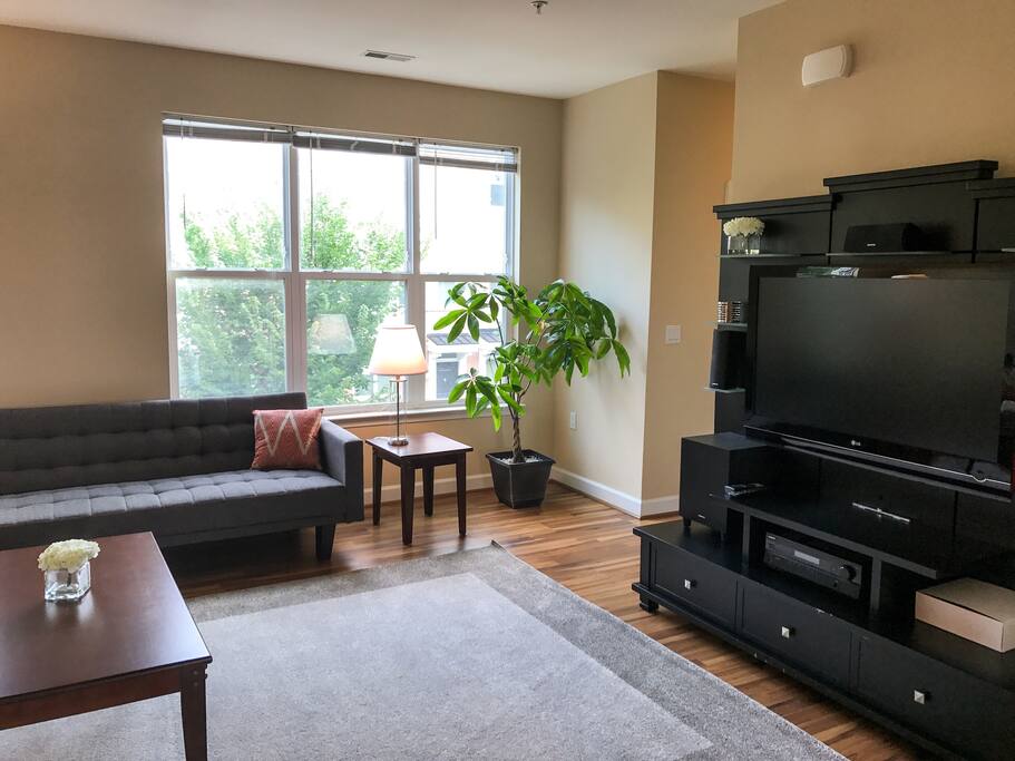 Living room with flat screen TV, speaker system, Playstation 3 and board games!