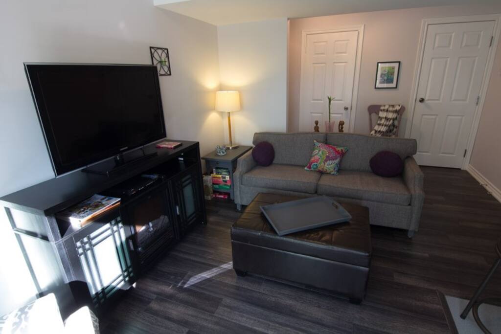 Livingroom with double sofa bed with brandnew mattress.