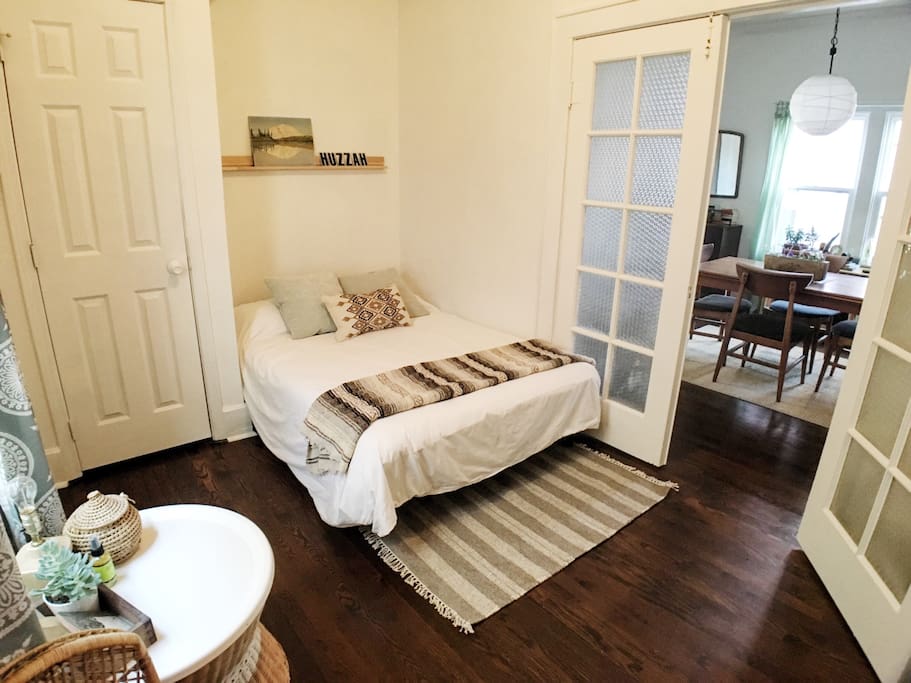 French doors with frosted privacy glass.