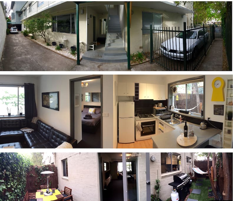 1 .Front entrance.
2. Open living and Kitchen area.
3. Courtyard with BBQ and table.