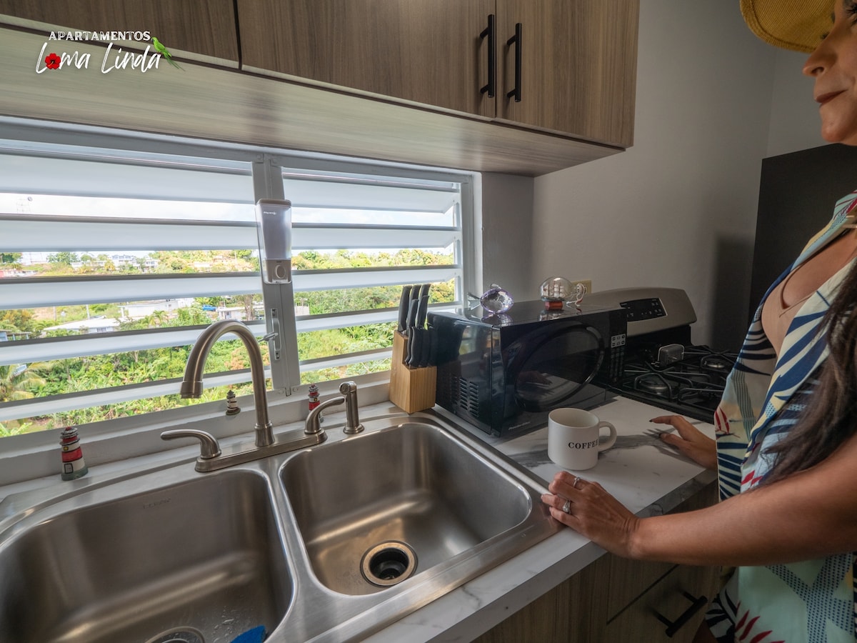 A modern kitchen area is highlighted by a double sink and a microwave. Natural light filters through the louvered windows, providing a view of greenery outside. Cabinets and countertops create a functional layout, emphasizing a clean and organized space.