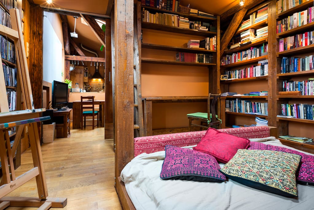 library with desk & bed