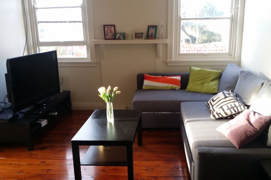 Comfy lounge with X Box . Lounge converts to extra bed