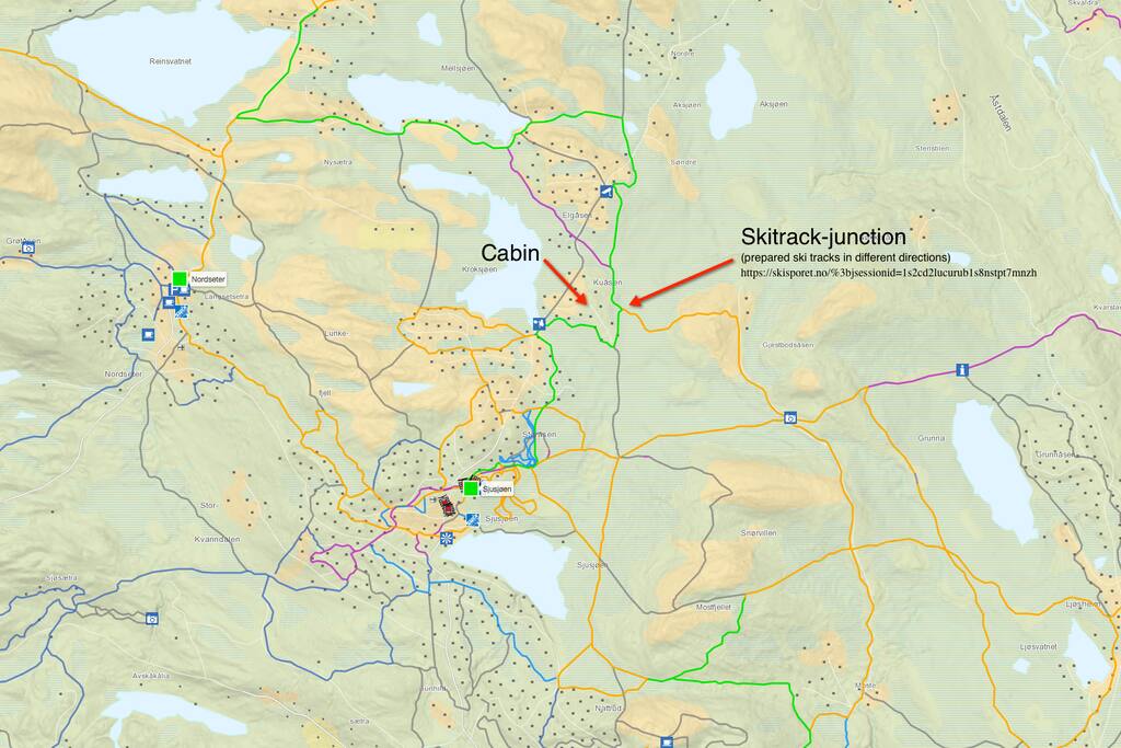 Det er flotte skimuligheter fra hytta. Det er mange preparerte løyper i et stort skinett i området. Se «live tracking» her: https://skisporet.no/