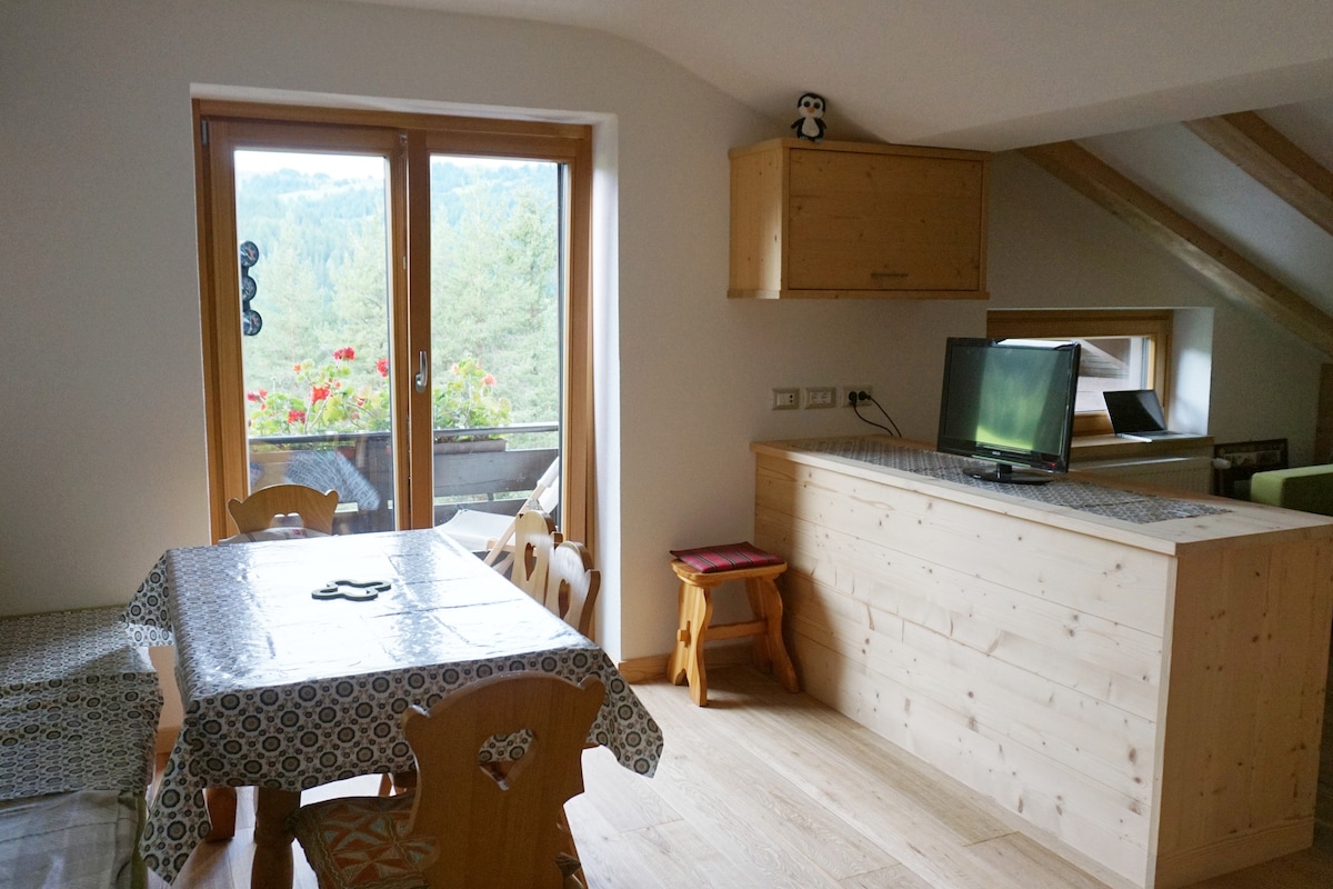 A shared dining area features a wooden table covered with a patterned tablecloth, accompanied by several chairs. A kitchenette with wooden cabinetry is visible in the background. Large windows allow natural light, revealing a view of greenery outside.