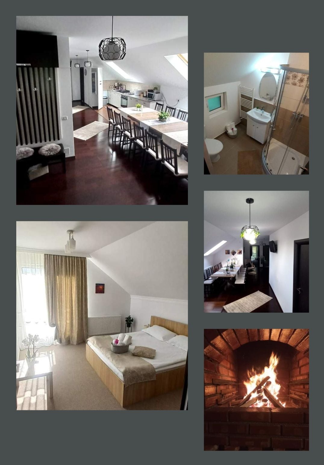 An open-plan kitchen and dining area is highlighted by wood accents and a long table set for ten. A modern bathroom features a glass shower. A cozy sleeping area is furnished with a spacious bed, while a warm fireplace adds comfort to a nearby sitting area.