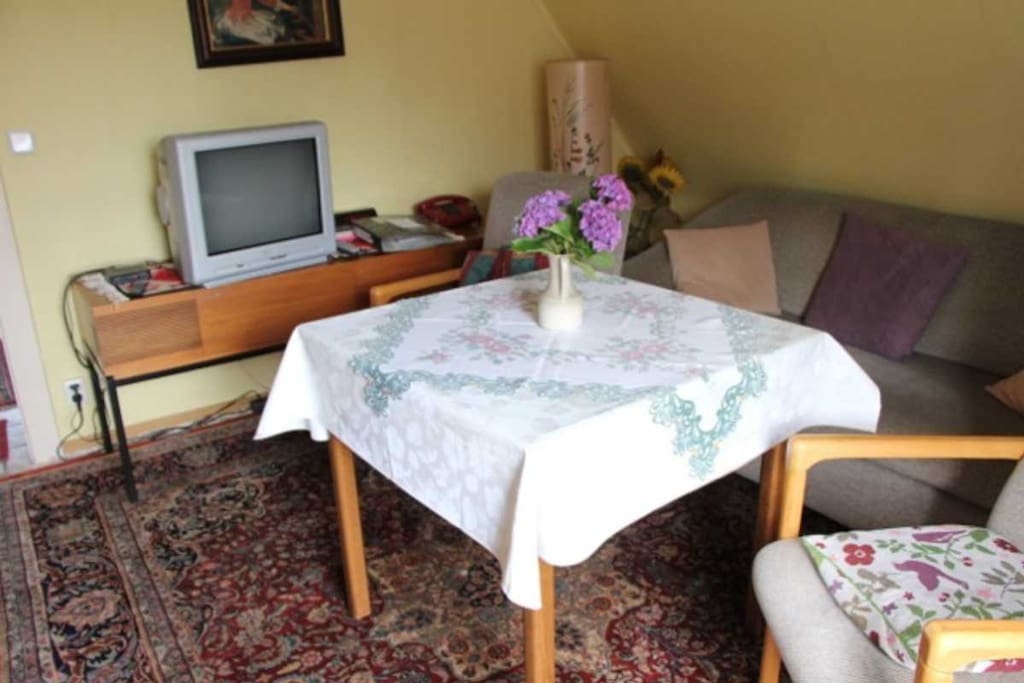 Das Wohnzimmer mit Satellitenfernsehen und WLAN (Internet)