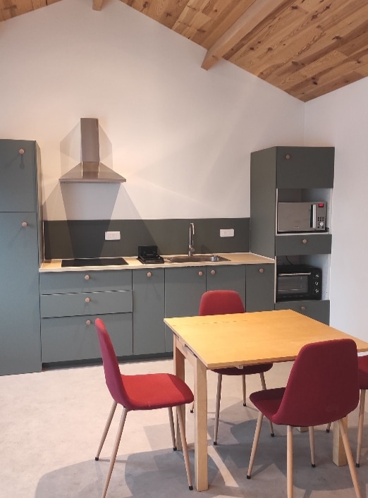 A modern kitchen is showcased, featuring a minimalist design with green cabinetry and a stainless steel range hood. A small wooden table is accompanied by four red chairs. Kitchen appliances, including a microwave and compact oven, are visible on the counter.