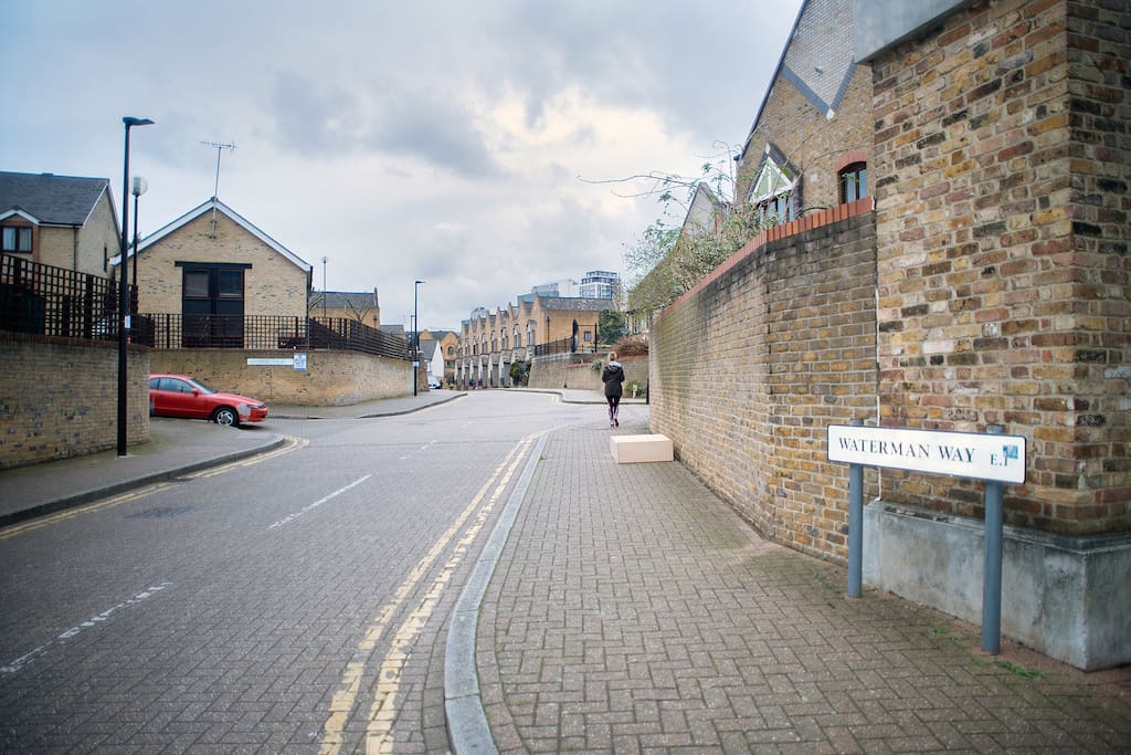 Quiet residential street leading to canal and supermarket