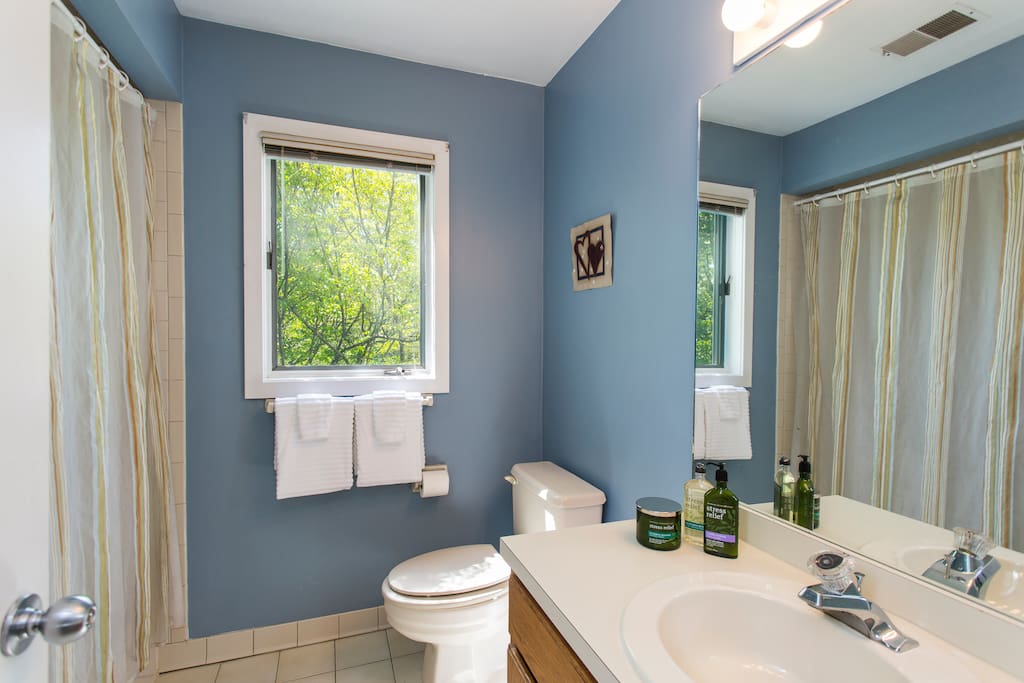 Full bathroom located off hallway between rooms