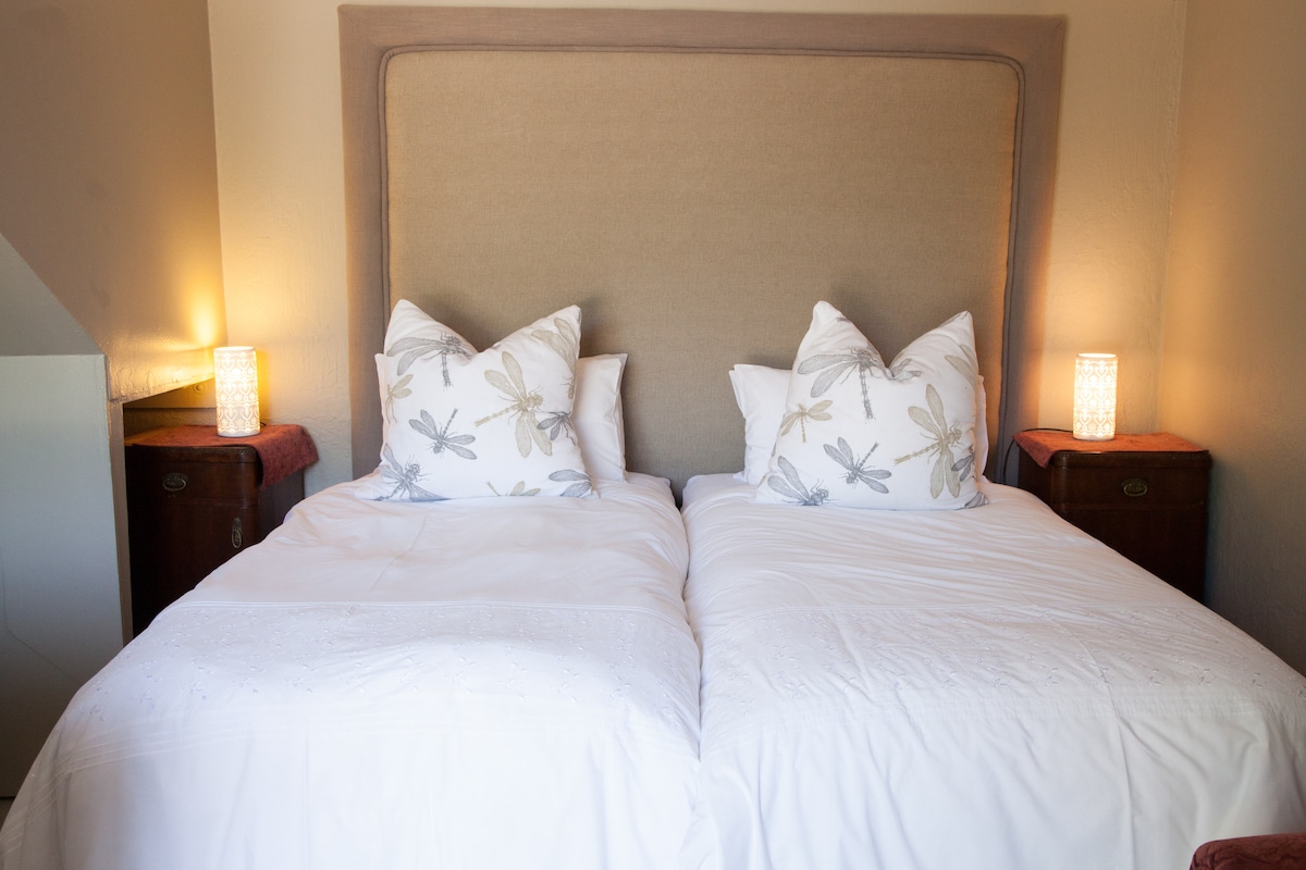 A sleeping area is equipped with two single beds, each adorned with decorative pillows. Soft lighting from side lamps creates a calming ambiance, while a neutral headboard complements the overall decor.