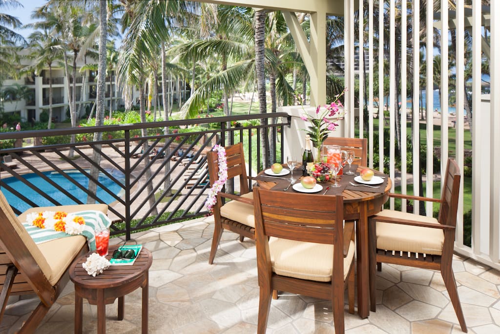 Lanai with ocean and pool views