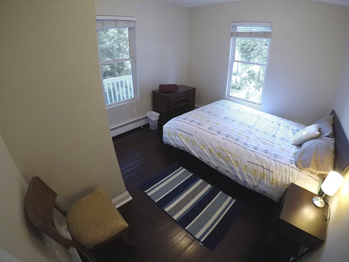 Bedroom #4. Queen bed, dresser, closet, chair, folding desk (in closet), ceiling fan.